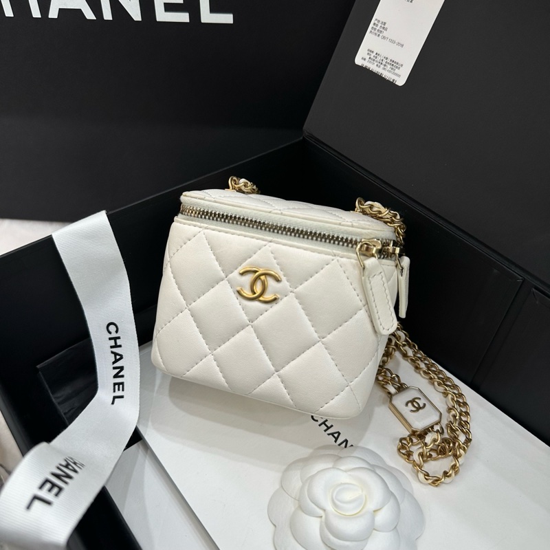 CHANEL香奈兒 22B 方糖化妝盒 自帶小鏡子 白色 小羊皮 22年芯片-2