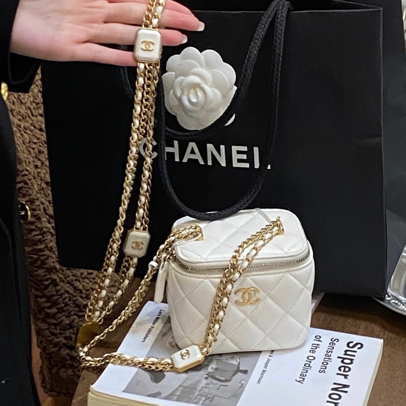 CHANEL香奈兒 22B 方糖化妝盒 自帶小鏡子 白色 小羊皮 22年芯片-4