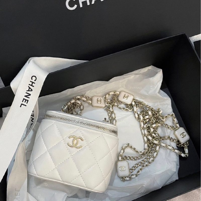 CHANEL香奈兒 22B 方糖化妝盒 自帶小鏡子 白色 小羊皮 22年芯片-5