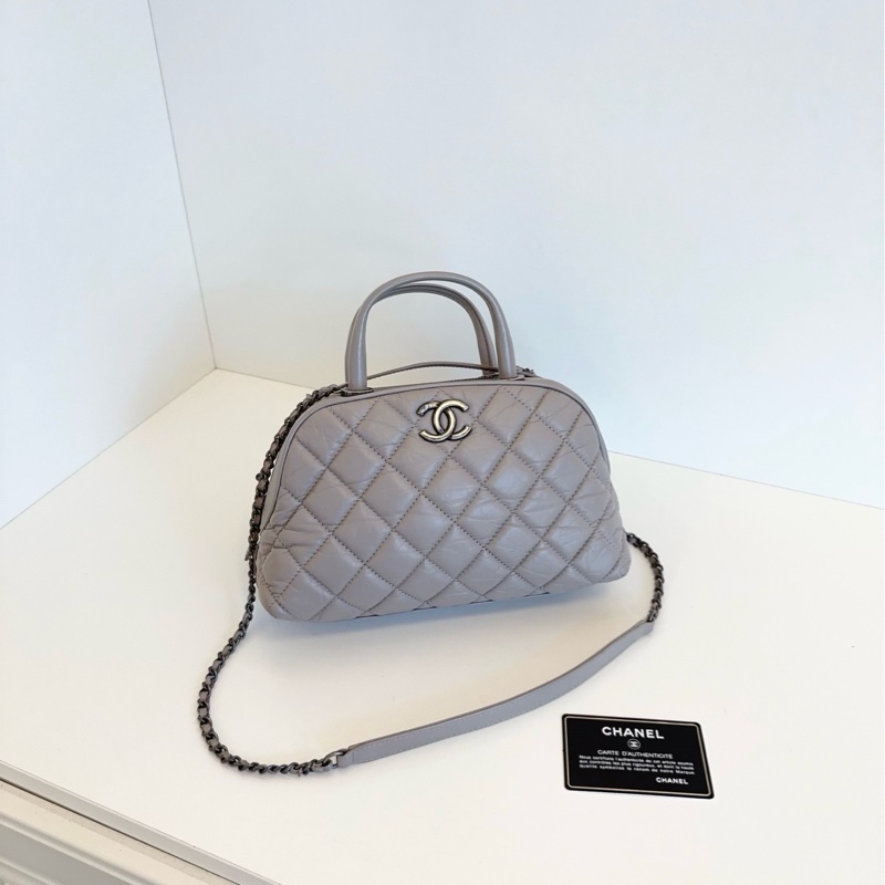 💎Chanel香奈兒｜油蠟皮大象灰菱格保齡球鏈條包｜小號｜98新-1