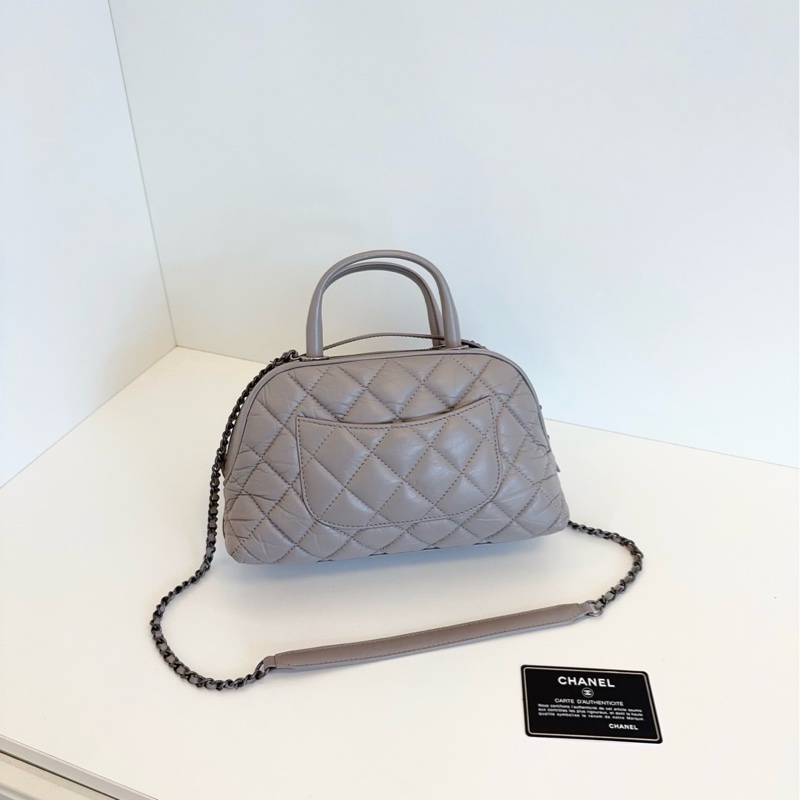 💎Chanel香奈兒｜油蠟皮大象灰菱格保齡球鏈條包｜小號｜98新-2