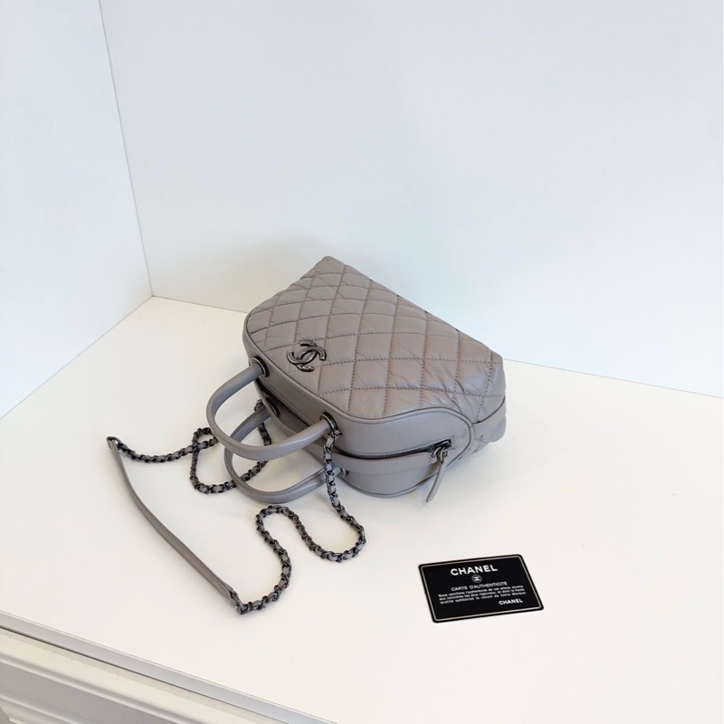 💎Chanel香奈兒｜油蠟皮大象灰菱格保齡球鏈條包｜小號｜98新-5