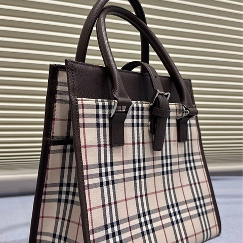 BURBERRY Nova 格紋手提包 尼龍帆布 米色 正品