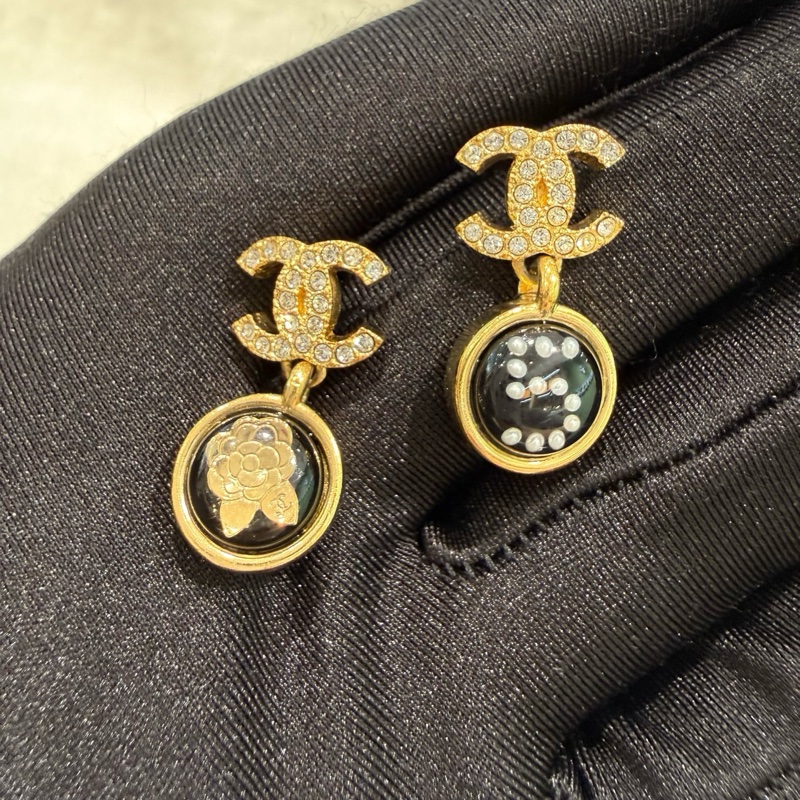 chanel耳環 香奈兒 山茶花No.5黑金耳環 雙C+No.5-1