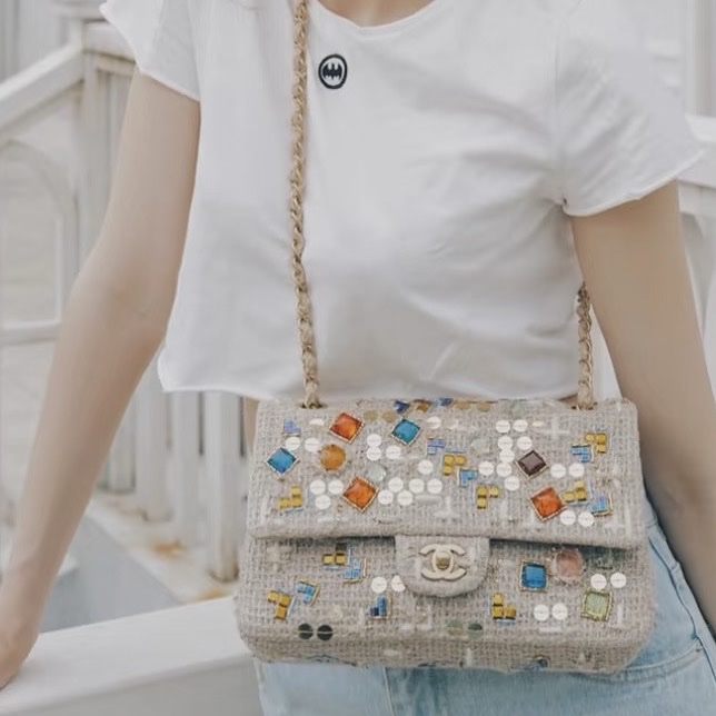 💎Chanel香奈兒｜限量款粗花毛呢寶石單肩腋下包｜中號｜98新-0