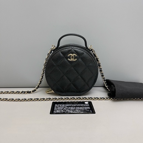 Chanel 香奈兒 新款 經典雙C LOGO菱格粒紋牛皮拉鍊雙層手提/斜背小圓包黑金