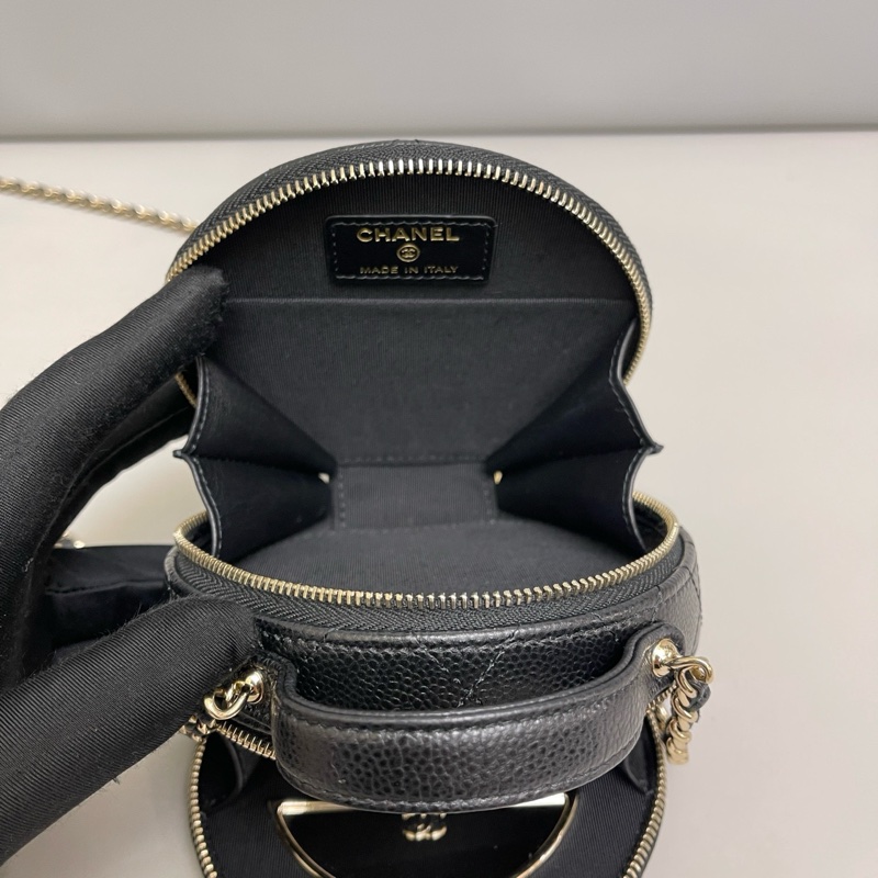 Chanel 香奈兒 新款 經典雙C LOGO菱格粒紋牛皮拉鍊雙層手提/斜背小圓包黑金-8