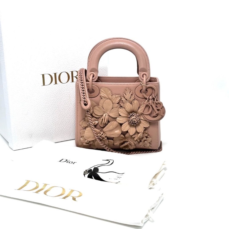DIOR 情人節限定粉色浮雕花 手提肩背斜背包 17*15*8 9新 配件盒子 塵袋-1
