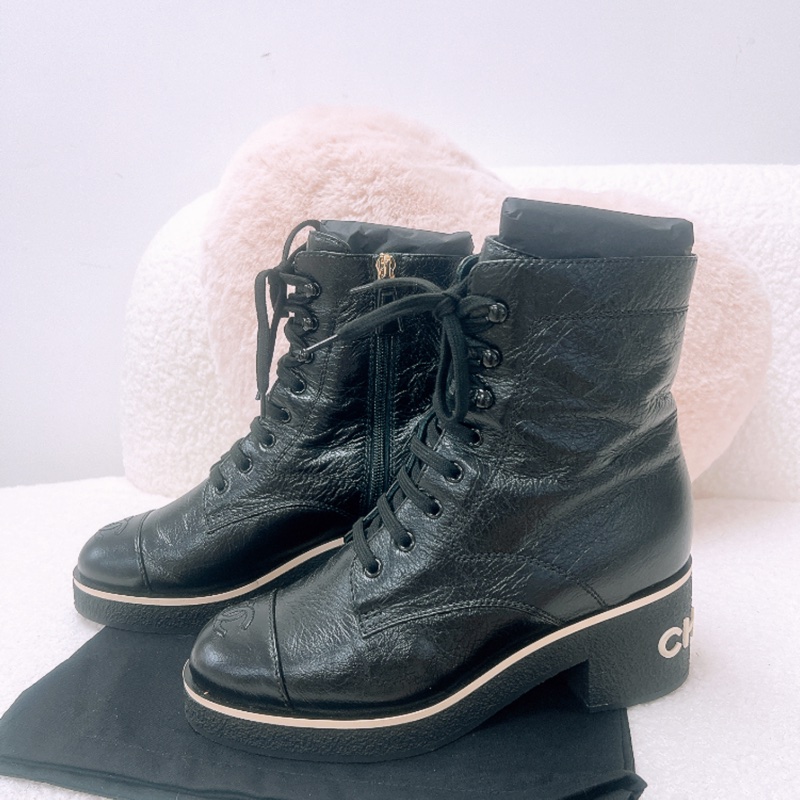 38.5碼 Chanel lace up combat 黑色靴子-0