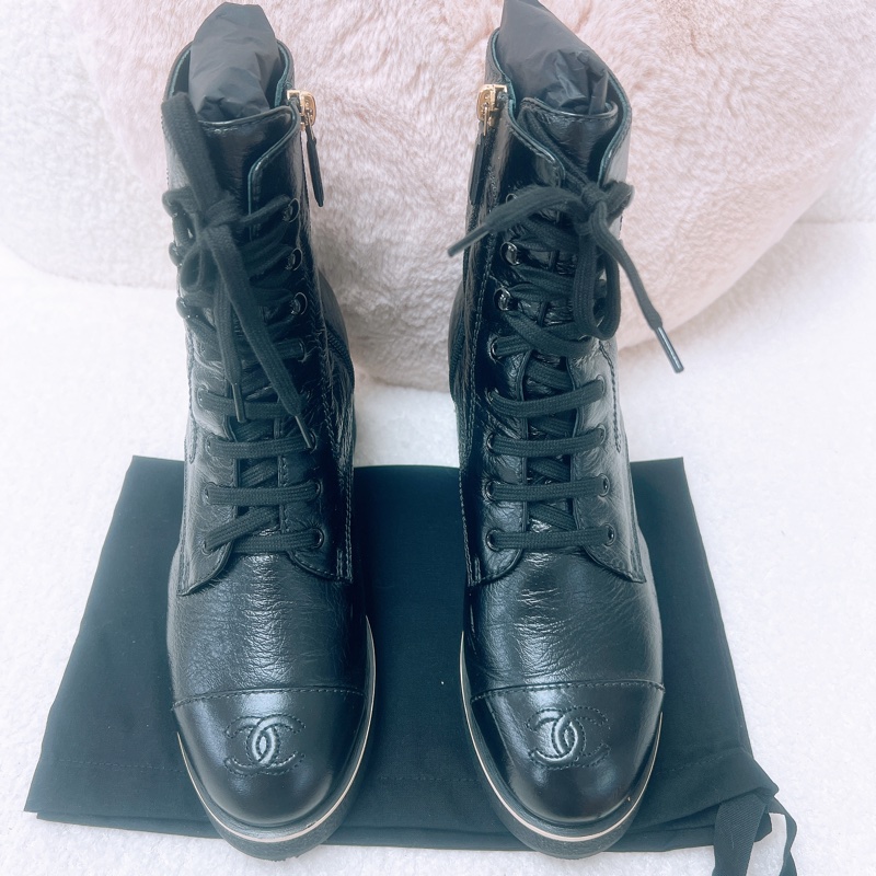 38.5碼 Chanel lace up combat 黑色靴子-1
