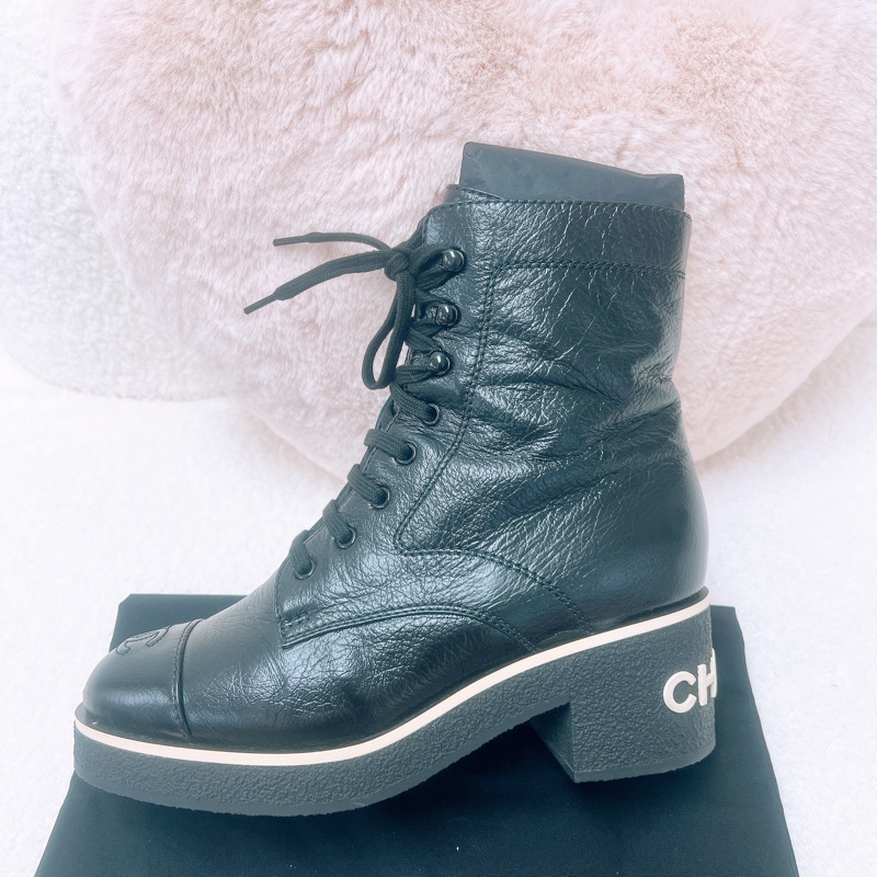 38.5碼 Chanel lace up combat 黑色靴子-4