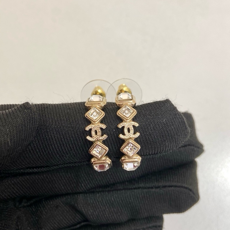 Chanel耳環香奈兒耳環淡金色鑲鑽耳環  99新-1