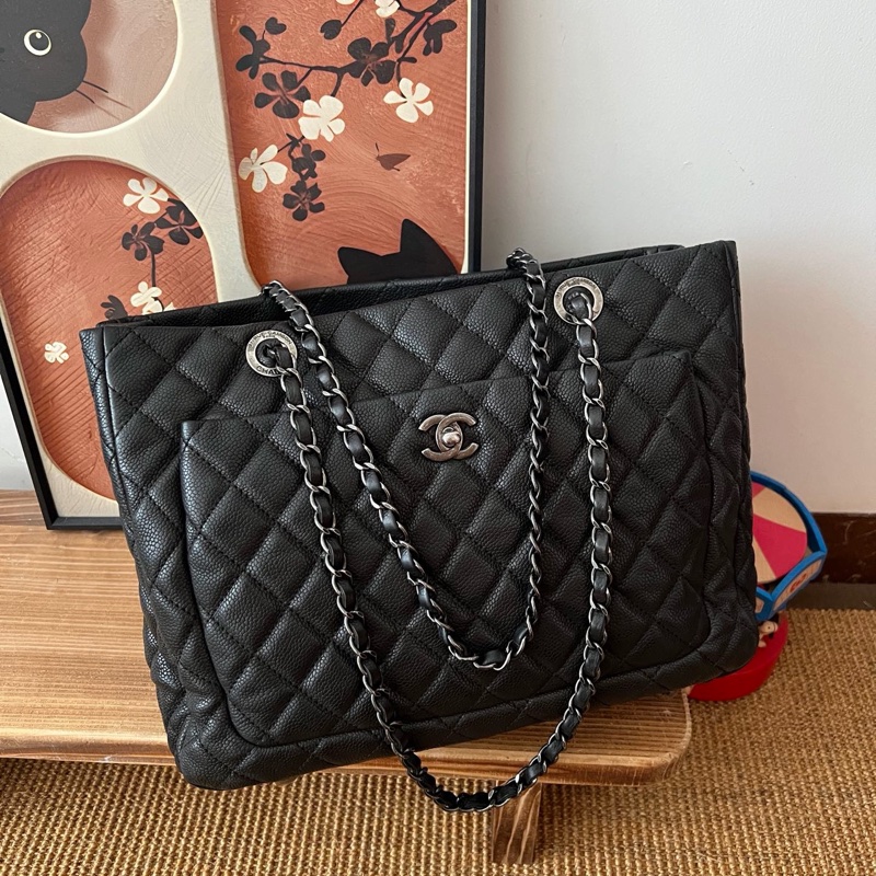 ✨Chanel 黑銀荔枝牛皮 做舊tote 可以放電腦🖤-3