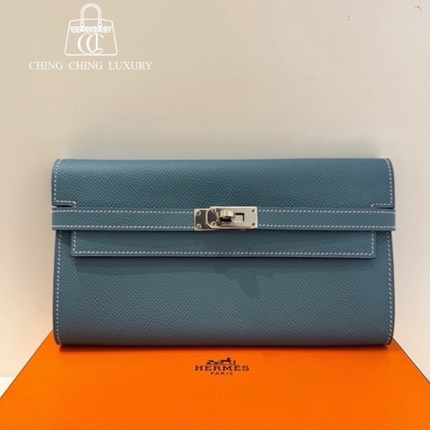 🌈Hermes🩵Kelly Wallet長銀包🩵牛仔藍銀扣🩵99.5新閑置🌈Epsom皮🌟Stamp R🌟有貼膜🩵kellywallet🌟hermes wallet🌟kelly🌟愛馬仕🌟