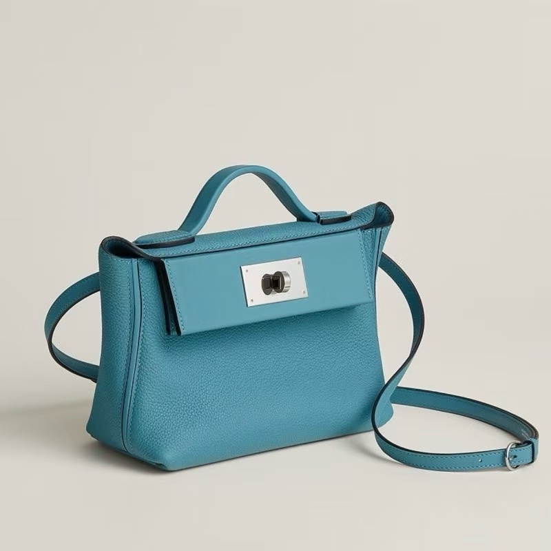 閒置新✨愛馬仕Hermes mini 2424 牛仔藍手提包斜挎包 銀扣 togo皮 k刻配件:毛氈 塵袋 購票 本子-0