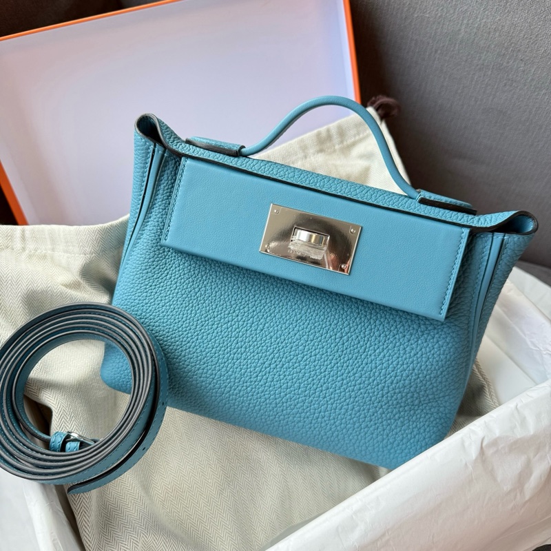 閒置新✨愛馬仕Hermes mini 2424 牛仔藍手提包斜挎包 銀扣 togo皮 k刻配件:毛氈 塵袋 購票 本子-1