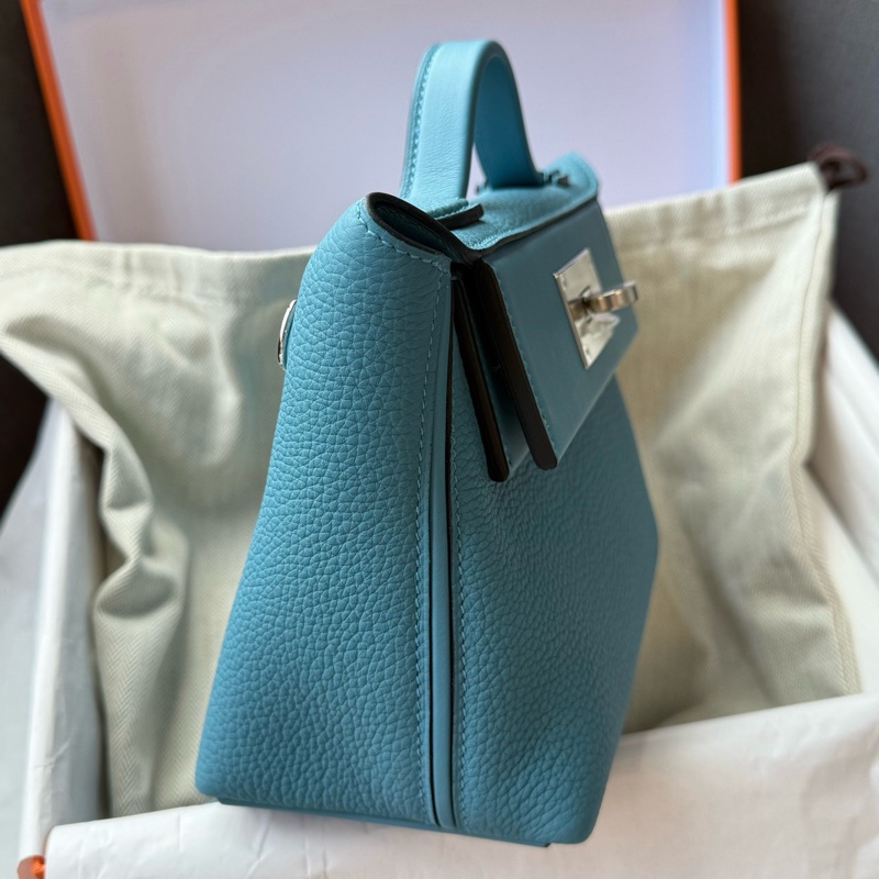 閒置新✨愛馬仕Hermes mini 2424 牛仔藍手提包斜挎包 銀扣 togo皮 k刻配件:毛氈 塵袋 購票 本子-3