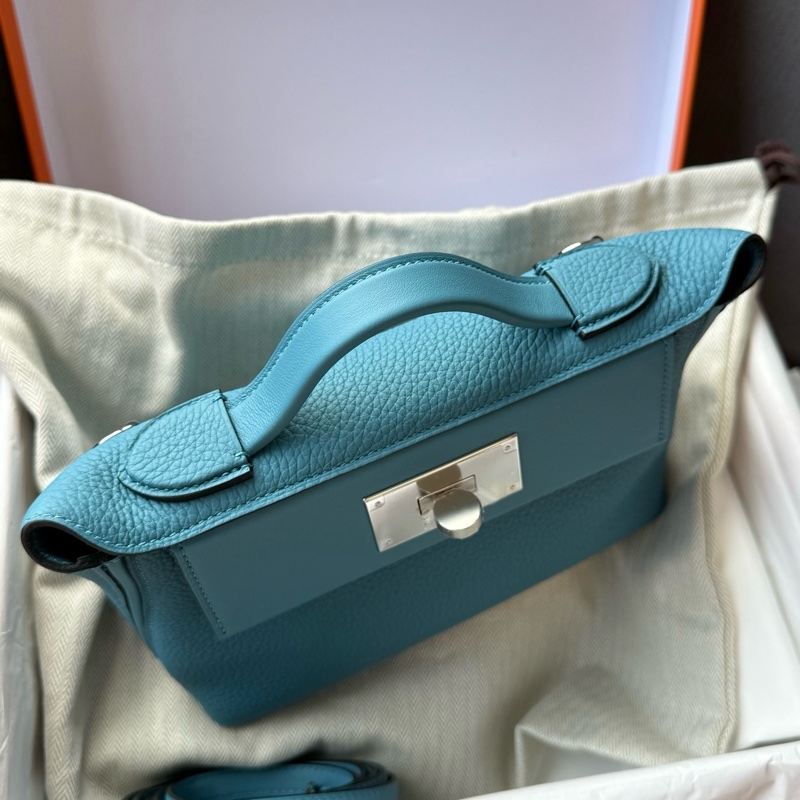 閒置新✨愛馬仕Hermes mini 2424 牛仔藍手提包斜挎包 銀扣 togo皮 k刻配件:毛氈 塵袋 購票 本子-5