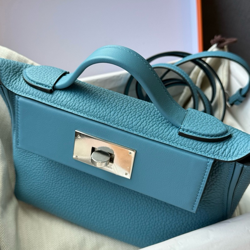 閒置新✨愛馬仕Hermes mini 2424 牛仔藍手提包斜挎包 銀扣 togo皮 k刻配件:毛氈 塵袋 購票 本子-7