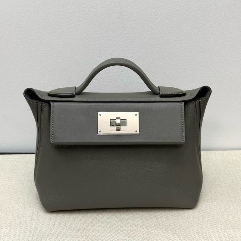 閒置新✨Hermes/愛馬仕2424Mini積雨雲灰手提包斜挎包銀扣U刻 附件:肩帶 塵袋-0