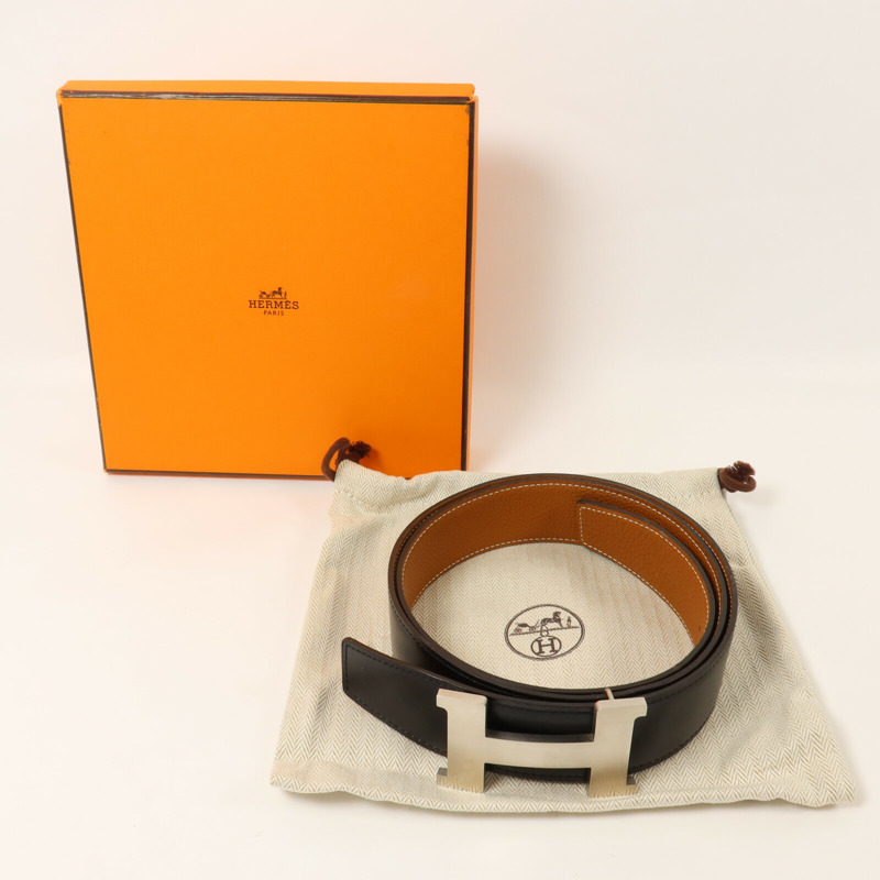 HERMES Clemence皮革H Belt皮帶Noir/Brown-5