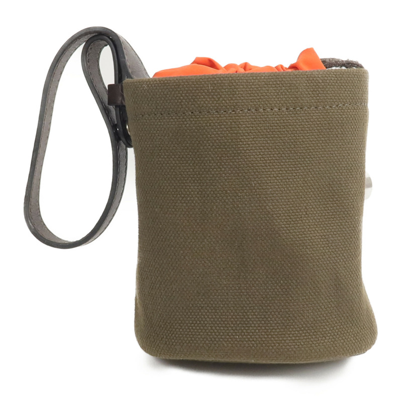HERMES Barenia皮革/帆布On-The-Go Dog Pouch手拿包Kaki/Feu-3