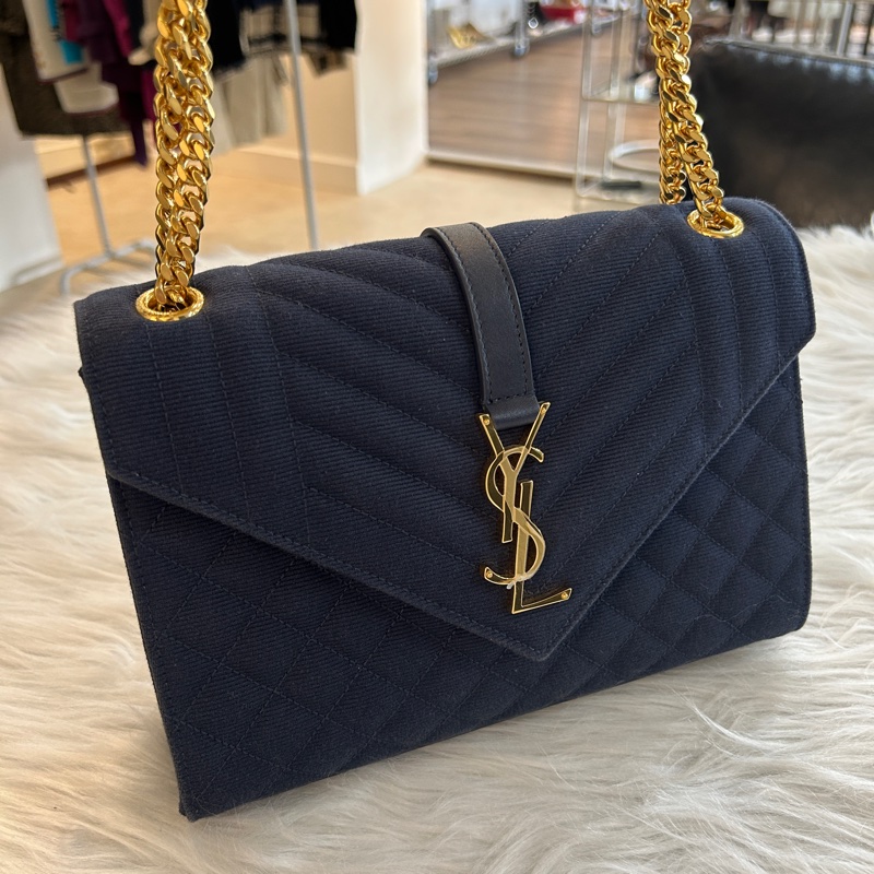 YSL 布面 藍色 金釦 鏈條包 兩用包-0