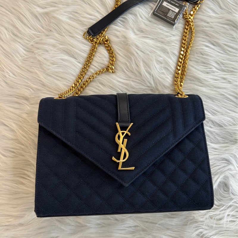 YSL 布面 藍色 金釦 鏈條包 兩用包-1