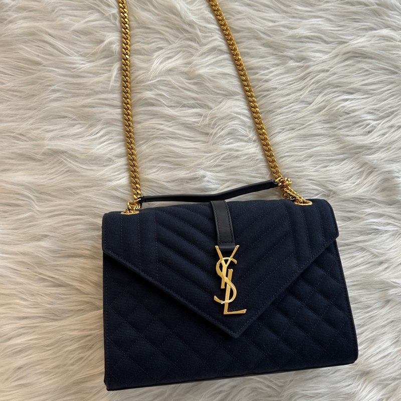 YSL 布面 藍色 金釦 鏈條包 兩用包-2