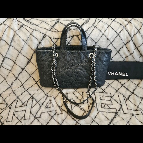 Chanel 香奈兒 黑色銀鍊荔枝皮 魚子醬大C Logo肩背包 手提托特包 書包 公事包 筆電 A4可放