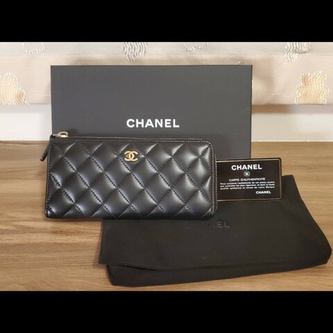 Chanel 香奈兒黑金羊皮 L拉鍊長夾 零錢包 名片 卡片 證件 9新