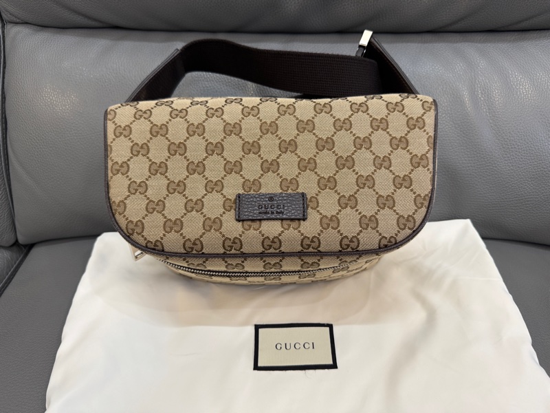 九成新以上 GUCCI 古馳 滿版GG印花LOGO帆布拉鍊胸掛銀扣腰包(咖啡)-6