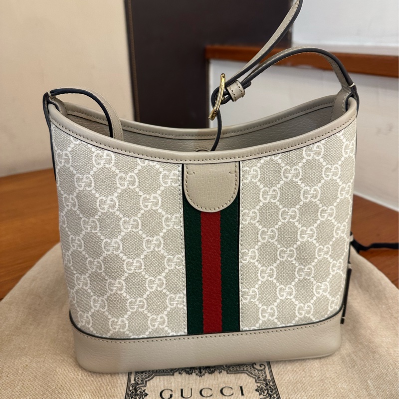 GUCCI 米白紅綠PVC可調整肩背包-4