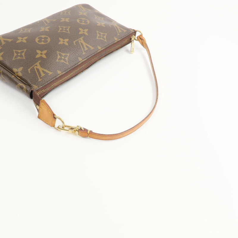 LOUIS VUITTON Monogram Pochette Accessoires金扣手挽袋棕色-4
