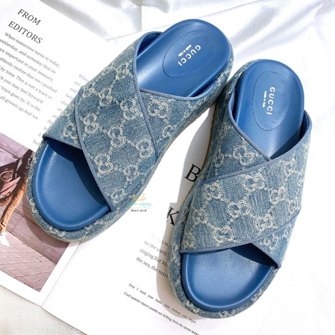 GUCCI【 全新商品 】771560 GG Platform Slide Sandal 牛仔布系列 拖鞋 厚底涼鞋 39號