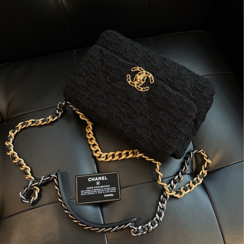 💎Chanel香奈兒|黑金毛呢細閃冰格紋|19bag小號|99新-0