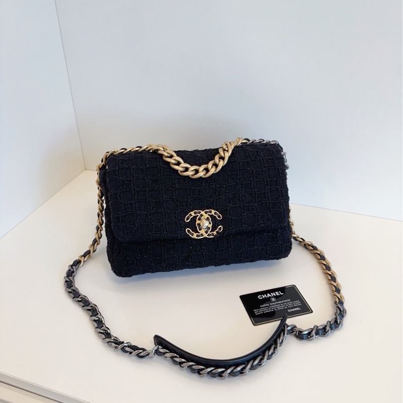💎Chanel香奈兒|黑金毛呢細閃冰格紋|19bag小號|99新-1