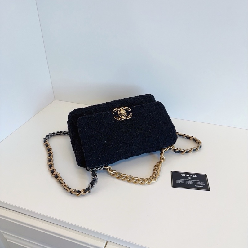 💎Chanel香奈兒|黑金毛呢細閃冰格紋|19bag小號|99新-4