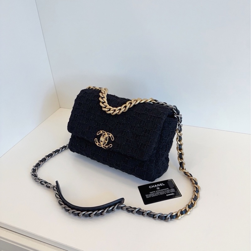 💎Chanel香奈兒|黑金毛呢細閃冰格紋|19bag小號|99新-7