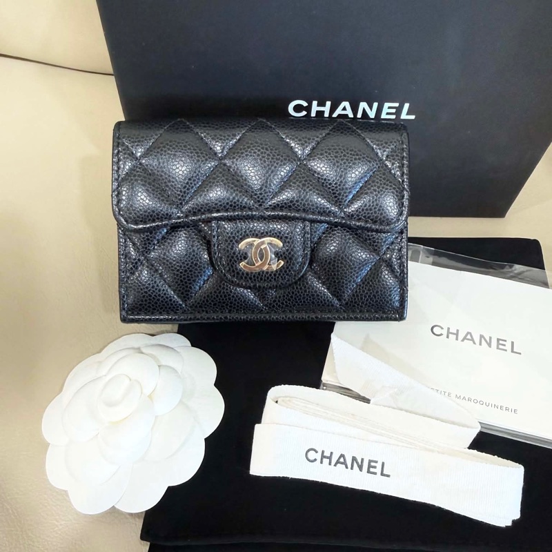 CHANEL經典CF mini荔枝牛皮三折扣式短夾 - 黑金 (晶片款)-7