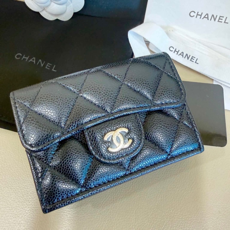 CHANEL經典CF mini荔枝牛皮三折扣式短夾 - 黑金 (晶片款)-12