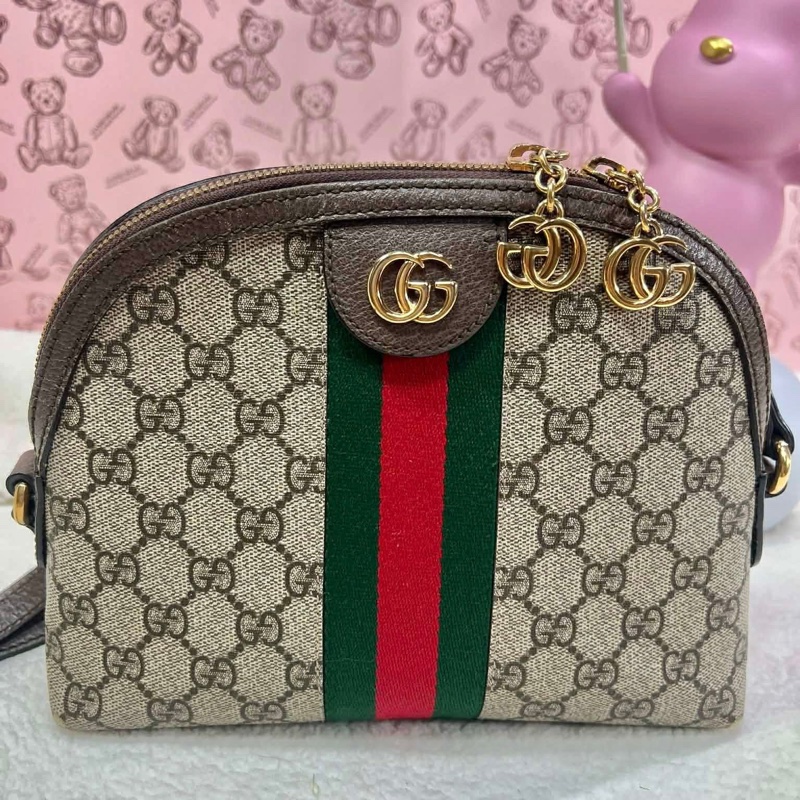 Gucci 經典Ophidia GG Supreme 綠紅綠經典織帶 肩背包 半月包 貝殼包-3