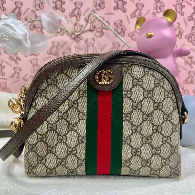 Gucci 經典Ophidia GG Supreme 綠紅綠經典織帶 肩背包 半月包 貝殼包-6
