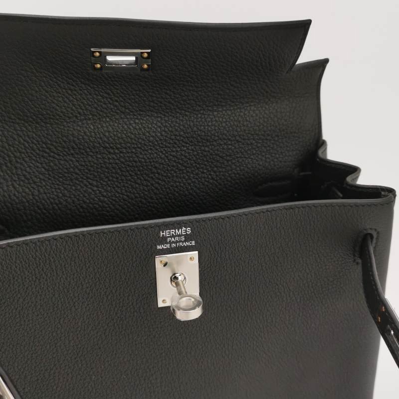 Hermes Kelly凱莉包款25旋扣手提單肩包Evercolor牛皮銀扣89黑色G刻-7