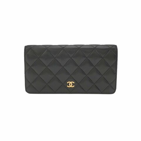 Chanel 羊皮純色菱格絎縫雙Clogo錢包
