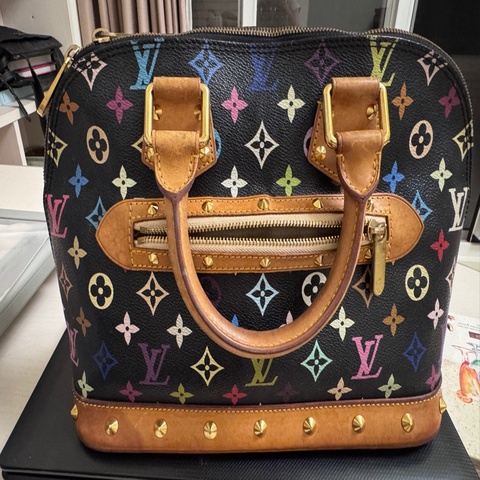 （裸包）LOUIS VUITTON LV 路易威登 黑彩 帆布 鉚釘Alma貝殼包 手提包 村上隆聯名