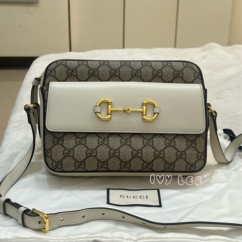 Gucci 古馳 645454 白 烏木色 1955系列馬銜釦拉鍊 相機包肩背包 斜背包 正品 二手精品