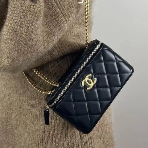 濃郁美拉德☕Chanel香奈兒復古咖啡色金扣菱格紋調節扣長盒子包單肩斜挎包