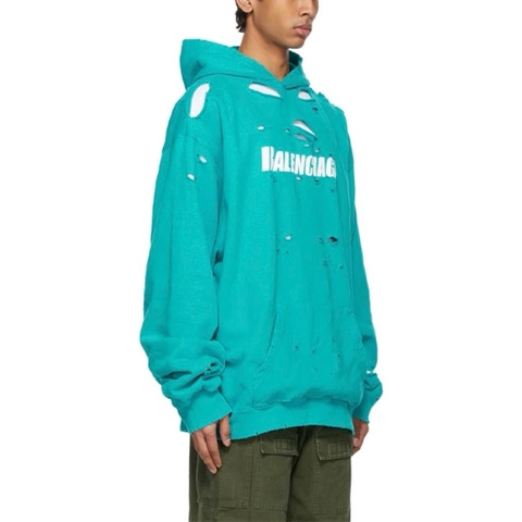 【99%New】Balenciaga 巴黎世家 連帽衛衣 帽衫 Fleece hoodie XS碼 破壞logo 做舊 雙層 精梳棉 湖水藍