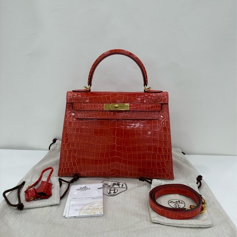 Hermes 愛馬仕 kelly28 天竺葵紅金扣 亮面鱷魚皮 R刻 有購證有證書